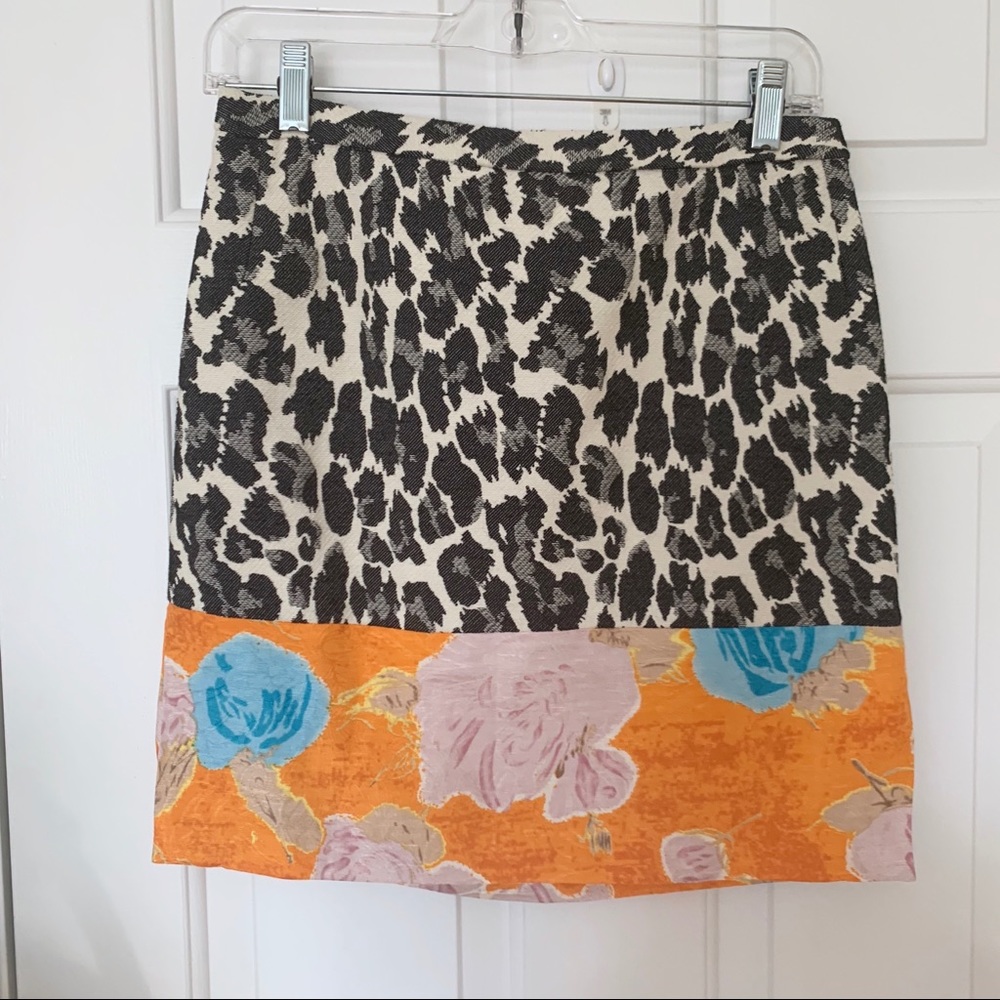Tracy Reese Leopard Animal Print Mixed Media Orange Floral Back Bow Skirt Sz 2